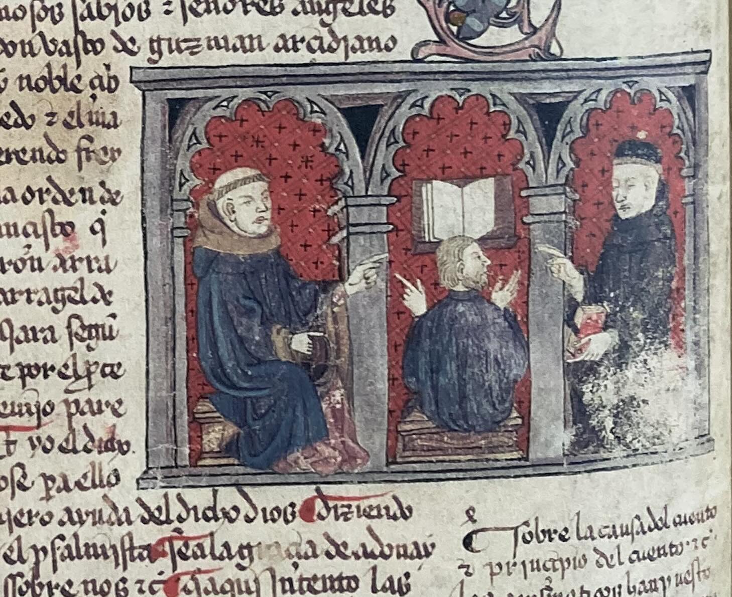 Figure 2: The scholars at work (Alba Bible, fol. 1v): Rabbi Moses Arragel seated between Arias de En&ccedil;inas (Franciscan Superior of Toledo, right) and Don Vasco de Guzm&aacute;n (Dominican archdeacon of Toledo, left). Photo: Anthony Ellis