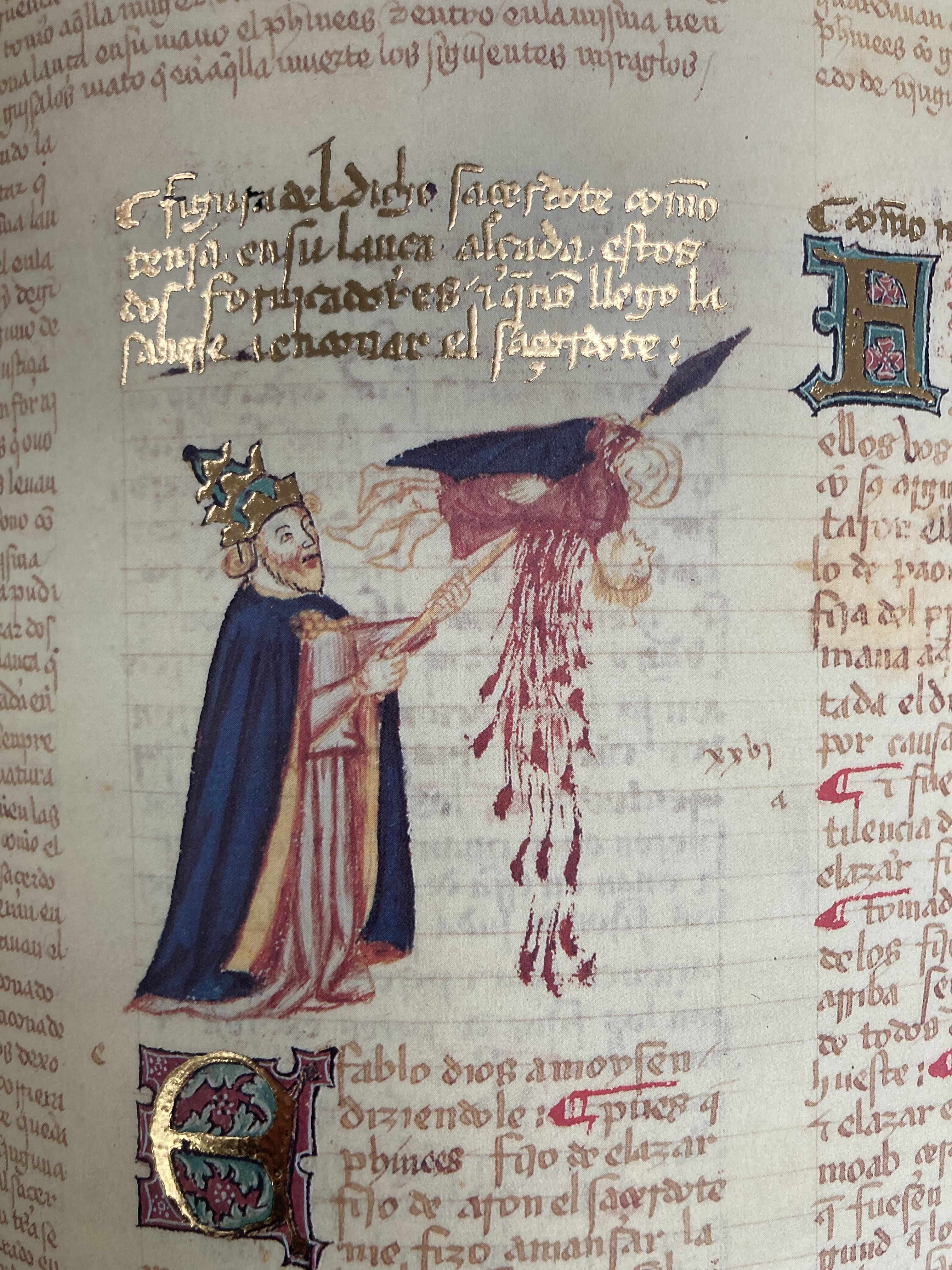 Figure 4: Phineas&rsquo;s zealous spearwork (Alba Bible, fol. 128r). Photo: Anthony Ellis
